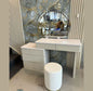 White Vanity Desk with Geometric Mirror and Storage - Modern Makeup Table with Stool