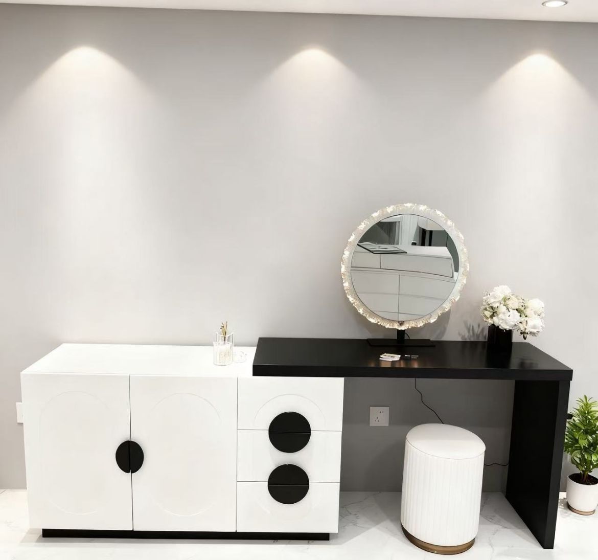 Modern Black and White Vanity Desk with Storage - Designer Makeup Table with Stool