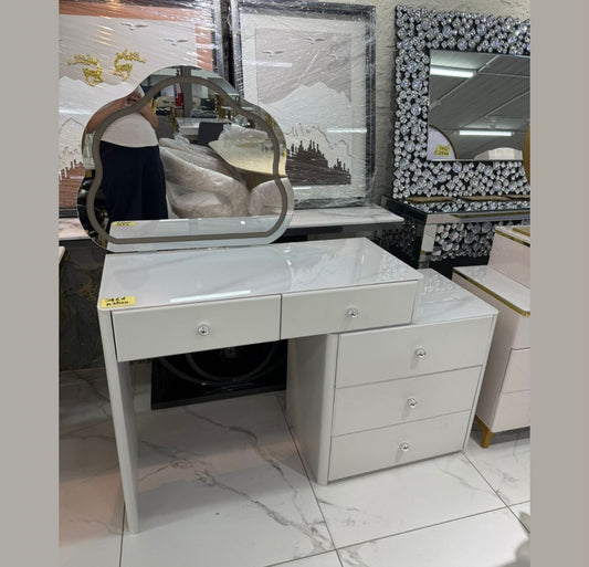 Vanity Desk with Arch Mirror and 5 Drawers - White Makeup Table with Storage
