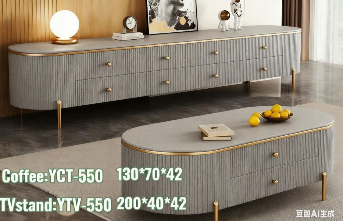 Curved White Marble TV Stand Coffee Table Set - Luxury Ribbed Design with Gold Legs & Storage