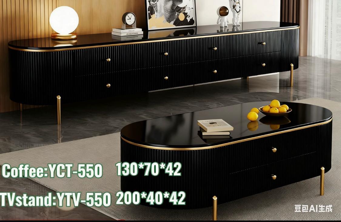 Curved White Marble TV Stand Coffee Table Set - Luxury Ribbed Design with Gold Legs & Storage