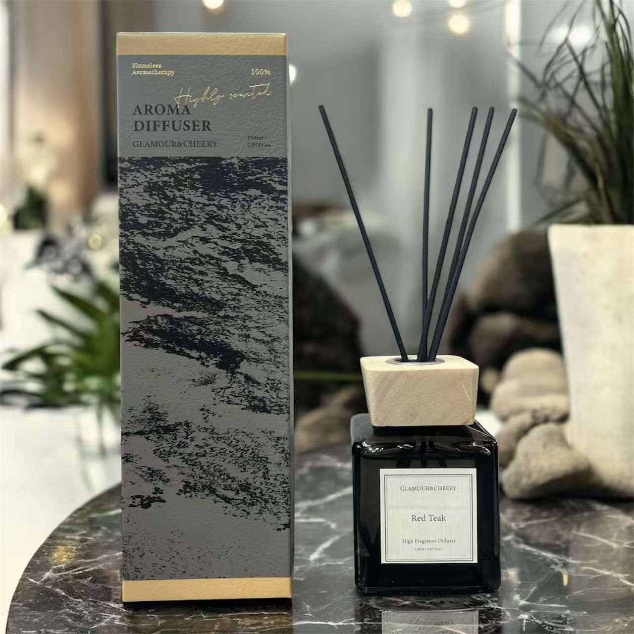 Red Teak High Fragrance Reed Diffuser – Glamour & Cheery | Luxury Black Bottle Home Scent