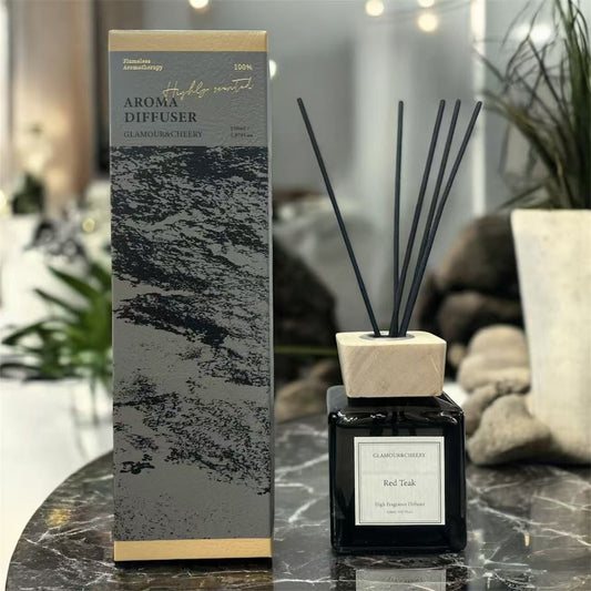 Red Teak High Fragrance Reed Diffuser – Glamour & Cheery | Luxury Black Bottle Home Scent